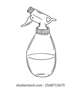 Garden sprayer hand drawn in doodle style. Hobby gardening. Spray bottle. Pest control. Addition of fertilizers. Gardener tool. Vector line art illustration.