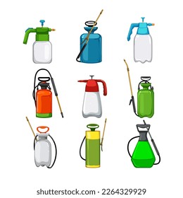 garden sprayer set cartoon. equipment spray, agriculture pesticide, chemical insecticide, fertilizer pest, plant garden sprayer vector illustration