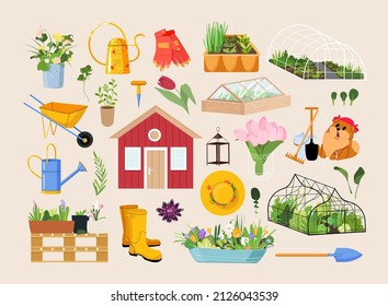 Garden and Spring elements set, flowers, house, Spitz dog, equipment and other. Perfect for scrapbooking, greeting card, party invitation, poster, tag, sticker kit. Vector flat illustration