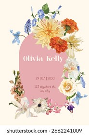 Flores da primavera do jardim. Fundo gravado. Borda decorativa floral da placa de fundo do casamento. Obrigado, rsvp, convite elegante cartão ilustração gráfico conjunto banner.