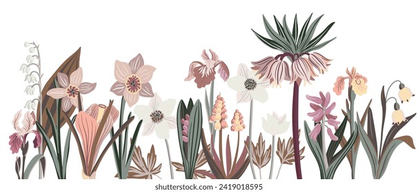 garden spring flowers, vector drawing flowering plants at white background, floral elements, hand drawn botanical illustration