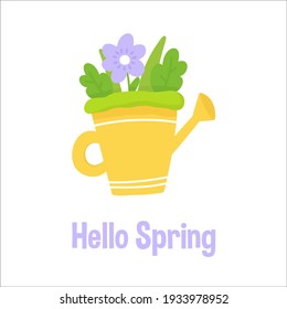 Garden and spring hand-drawn element - flowers in a watering can. For greeting card, party invitation, poster, tag, sticker set. Vector illustration