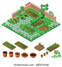 Garden In Spring. Isometric Icon Set. Vector Illustration.