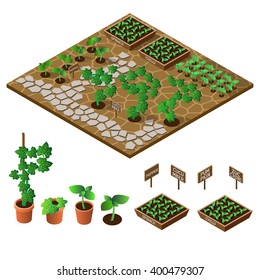 Garden in spring. Isometric icon set. Vector illustration.