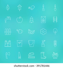 Garden Spring Line Icons Set over Blurred Background. Vector Set of Modern Thin Outline Nature and Flowers Items.