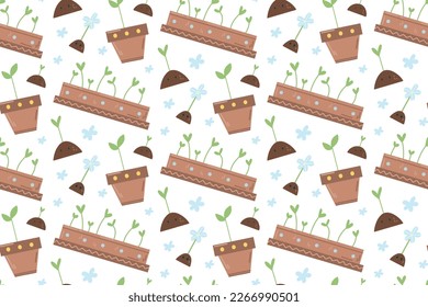 Garden spring pattern with plants, pots, flowers and mounds of earth with seedlings