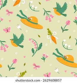 Garden spring seamless pattern with hats, birds and flowers. Vector graphics