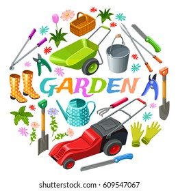 Garden in spring. Seedlings and flowers. 3d isometric vector illustration. 