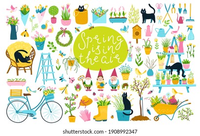 Garden spring set with black cats. A large collection of vector cartoon elements in a simple childish hand-drawn style. Blooming flowers with butterflies, insects and cute gnome figurines