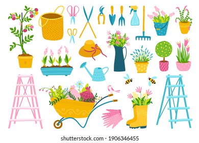 Garden spring set with tools, flowers, stepladder. A large collection of vector cartoon elements in a simple childish hand-drawn style. A colorful warm palette perfect for your design