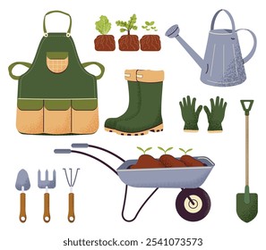 Conjunto de primavera jardim. Ferramentas para jardinagem. Um ancinho, uma pá, um avental, botas de borracha, um carrinho de mão de jardim com mudas para plantio, uma lata de água, luvas. Ilustração vetorial. isolada.