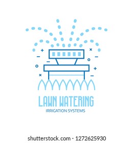 Garden sprinkler icon. Automatic lawn watering logo or emblem template. Irrigation system logotype in line art.