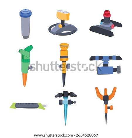 garden sprinkler set cartoon. system coverage, nozzle drip, oscillating adjustable garden sprinkler sign. isolated symbol vector illustration