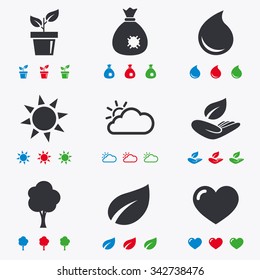 Garden sprout, leaf icons. Nature and weather signs. Sun, cloud and tree symbols. Flat black, red, blue and green icons.