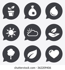 Garden sprout, leaf icons. Nature and weather signs. Sun, cloud and tree symbols. Flat icons in speech bubble pointers.