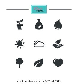 Garden sprout, leaf icons. Nature and weather signs. Sun, cloud and tree symbols. Black flat icons. Classic design. Vector