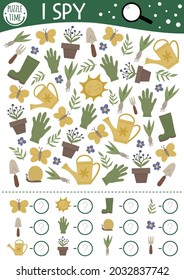 Garden I spy game for kids. Searching and counting activity for preschool children with tools, baby plants. Funny spring printable worksheet for kids. Simple spotting puzzle.
