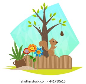 Garden With Squirrel - Cute squirrel is standing on a garden fence and looking at a branch with a pine cone hanging from it. Eps10