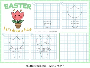 Garden Schritt für Schritt Zeichnungsblatt. Wie man eine Tulpe in den Topf zu ziehen. Vervollständigen Sie das Bild nach Beispielaktivität. Vektor-Frühjahr-Feiertagspraktikum-Arbeitsblatt. Druckbare Osterfarbseite
