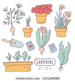 Garden stickers set. Vector illustration of gardening elements: plants, grass, potted flowers, tulips, seeds, narcissus, peonies, onions, sprouts, spade. Happy gardening design. - Vector