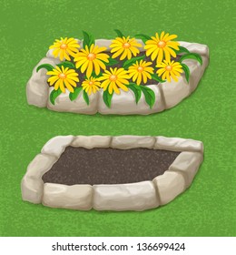 Garden Stone flowers container, empty and with yellow flowers, illustration