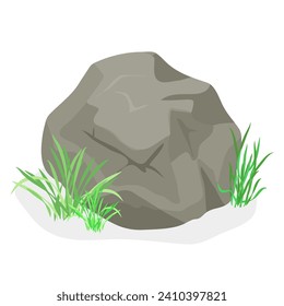 Garden stone with grass. Landscape design, boulders with plants, nature rocks cartoon vector illustration