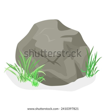 Garden stone with grass. Landscape design, boulders with plants, nature rocks cartoon vector illustration