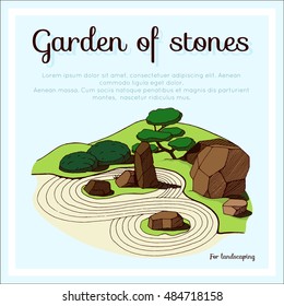 Garden of stones in the park design. Kind of Japanese garden. Sand and stones for landscaping. 