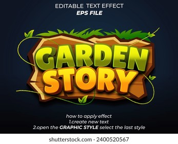 efecto de texto de historia de jardín, fuente editable, tipografía, texto 3d para juegos. plantilla de vector