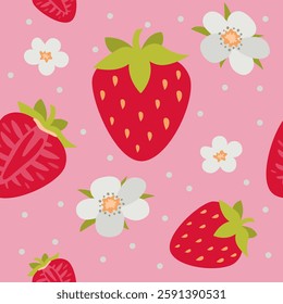 Garden strawberries with flower seamless pattern on pink background