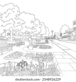 garden and street and tree coloring page line art