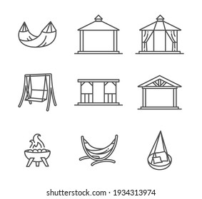 Garden structures, buildings and furniture thin line style icon set vector