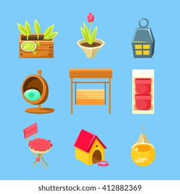 Garden Stuff Set Of Flat Isolated Vector Simplified Bright Color Design Icons On Blue Background
