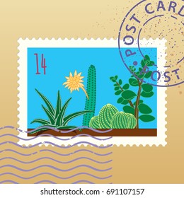 Garden of succulents. Vector illustration. Postage Stamp. Mark. Postcard.