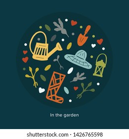 Garden supplies in circle. Vector hand drawn illustration for web and print