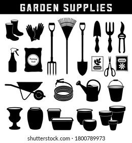 Garden Supplies, Do It Yourself tools for backyard and home garden care and maintenance, twenty-six silhouette icons isolated on white background.