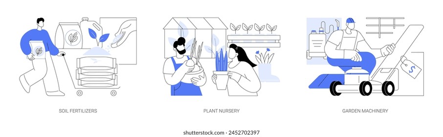 Garden supplies isolated cartoon vector illustrations set. Choosing soil fertilizer in modern garden center, customer and salesperson at plant nursery, buy machinery for gardening vector cartoon.