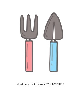 Garden supplies, rake and shovel in doodle style. Vector isolated illustration.
