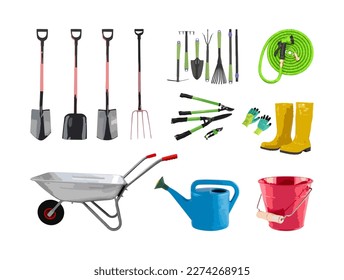 Garden supplies in vector, isolated on a white background. A set of garden hand tools for outdoor gardening and lawn care. Watering can. Doodles of garden tools