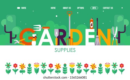 Garden supplies website design, vector illustration. Landing page template with typographic title. Gardening tools and geometric flat style flowers. Online shop for gardeners, hobby and professional