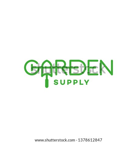 Garden supply lettering logo design template with shovel and trowel. Vector illustration.