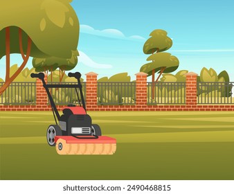 Garden sweeper cleaning tool. Red color gardening vacuum cleaner with brush .Vector illustration of cleaner tool