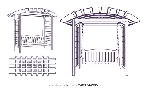 Garden swing, gazebo. Resting-place. The sketch is drawn by hand. Front, top and perspective views. For landscape design. Isolated on white background. Vector.