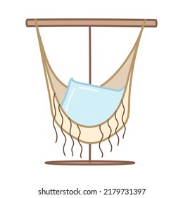 Garden swing with pillow in boho style. Hand drawn illustration in cartoon style. Vector isolated on white background.