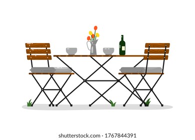 Garden table and chairs. Isolated outside wood and metal chair seats, flower vase, wine bottle on table icon. Vector garden, patio or backyard outdoor summer rest furniture