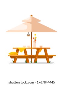 Garden table. Isolated outside wooden table with seats and parasol icon. Vector garden, cafe or backyard outdoor summer furniture