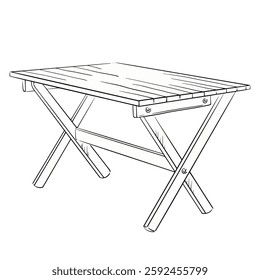 Garden table. Isolated vector linear hand-drawn illustration of a wooden folding table. Great for outdoor decor, picnic and tourism settings, and farmhouse-style visuals, seasonal sign, card, postcard