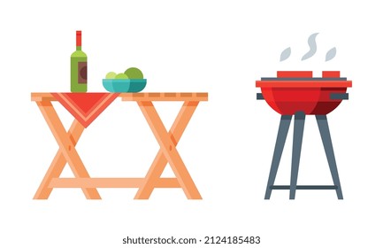 Garden Table Served with Food and Grill Grid for Barbecue and Picnic Vector Set