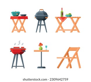 Garden Table Served with Food and Grill Grid for Barbecue and Picnic Vector Set