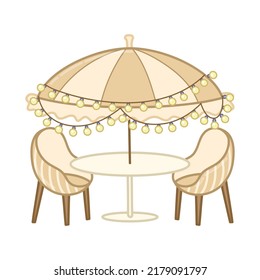 Garden table with umbrella an chairs. Cartoon style. Vector art hand drawn on white background.